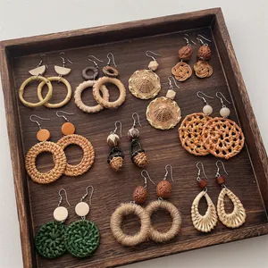 Bohemian Vintage Handmade Rattan Woven Drop Earrings For Women Ethnic Style Geometric Wood Bead Bamboo Straw Dangle Earrings