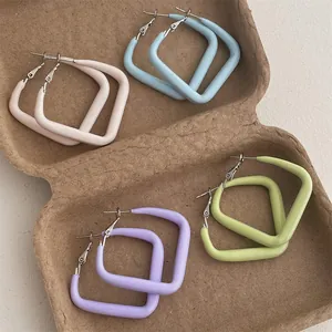 Colorful square hoop earrings in pastel macaron shades with matte lacquer finish