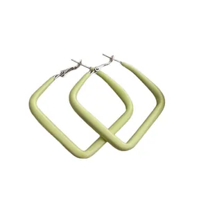 Minimalist light green square hoop earrings with matte lacquer finish and silver clasp