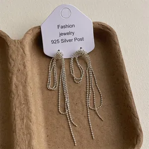 Close-up of S925 silver long tassel chain earrings displayed on a fashion jewelry card
