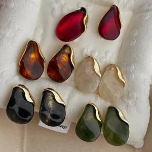 Vintage Irregular Waterdrop Resin Stud Earrings For Women Alloy Gold Plated Amber Gray White Green Red Geometric Ear Jewelry