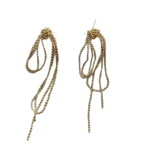 Elegant gold-tone long tassel chain earrings with minimalist knotted texture design