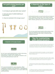 Care guide for gold-plated earrings with pearls, showing maintenance and waterproof tips