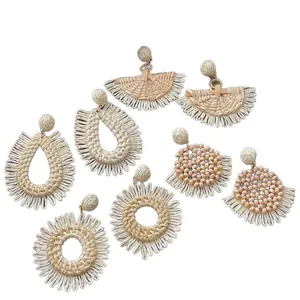 Handmade raffia earrings set in teardrop, fan, and round shapes for beach vacation