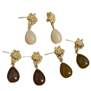 Retro wrinkled metal teardrop earrings in cream, brown, and olive green acrylic