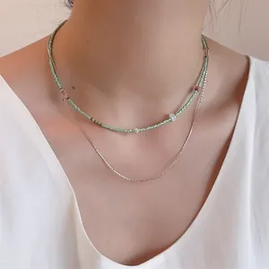 Collier Double Épaisseur Style Chinois Perles Vert Menthe et Chaîne en Argent Alliage Ras du Cou pour Femme Bijoux Vintage