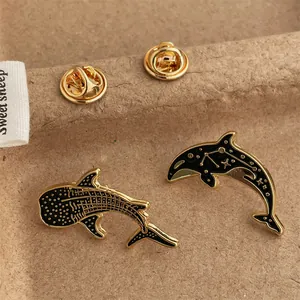 Starry whale and dolphin enamel brooch set with gold plating and constellation patterns