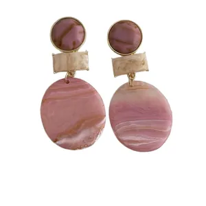 Fashion geometric resin dangle earrings with pink marble texture and gold metal details