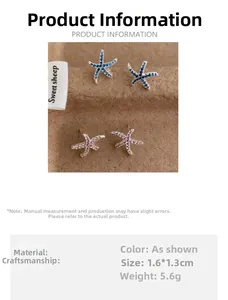 Product size and weight details for blue and pink starfish stud earrings with zircon stones