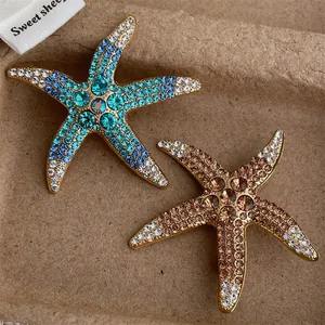 Vintage Gold Starfish Brooch Pin For Women Men Inlaid Gradient Rhinestone Blue Brown Sea Star Marine Jewelry Accessory