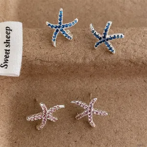 Exquisite Zircon Starfish Stud Earrings With 925 Sterling Silver Post Blue Pink Summer Beach Style Women Fashion Jewelry Gift