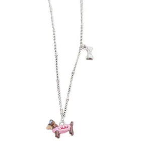Halsketting met roze teckel hanger, zilveren bot bedeltje en kralenketting voor vrouwen