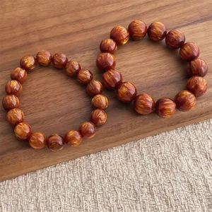 Bracciale Vintage in Resina Effetto Legno con Grani Trama in Seta Dorata Preghiera Buddha Gioielli da Meditazione per Uomo Donna