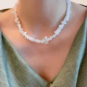 Irregular natural crushed white stone necklace with central crystal for women