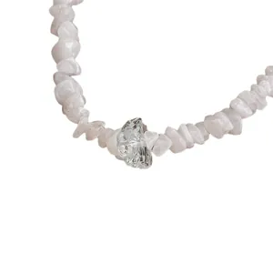 Minimalist irregular pink quartz stone necklace with transparent crystal accent for women