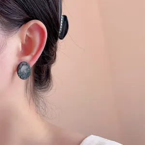 French vintage oval black shell cameo earrings with elegant relief portrait for women