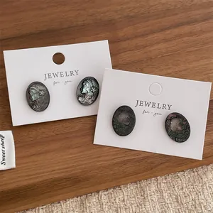 French Vintage Black Shell Cameo Stud Earrings Elegant Oval Relief Portrait Studs For Women Minimalist Fashion Jewelry