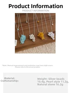 Detail of colorful grape-shaped bead pendants with weight data for adjustable necklaces