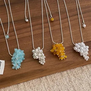 Korean Style Grape Cluster Pendant Necklace Alloy Imitation Pearl Resin Beads Snake Chain Fashion Sweet Jewelry For Women
