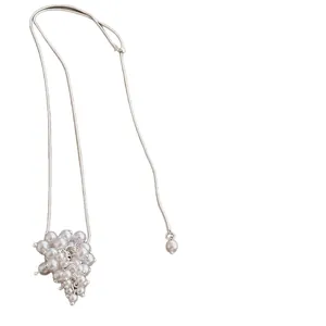 Long adjustable necklace with white pearl grape cluster pendant on a slim silver chain