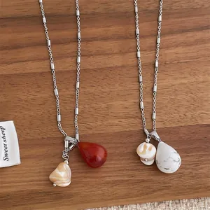 Vintage Legierung Naturstein Wassertropfen Anhänger Halskette Für Damen Geometrische Muschel Künstliche Perlenimitation Schmuck Geschenk