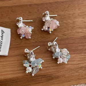 French Elegant Natural Stone Tassel Cluster Stud Earrings With 925 Sterling Silver Earring Post Artificial Pearl Jewelry For Women