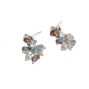 Elegant natural stone and pearl tassel earrings with silver finish in a minimalist design