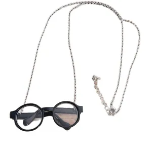 Artistic round black frame glasses necklace with adjustable silver metal sweater chain