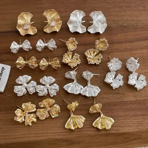 French Design Zirconia Flower Bowknot Gingko Leaf Stud Earrings Gold Silver Alloy Earrings For Women Fashion Jewelry Gift