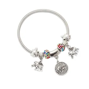 Silver bead bracelet with elephant charms, colorful rhinestones and floral details