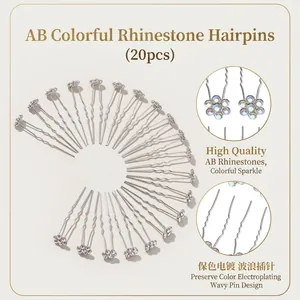 Lot de 20 épingles à cheveux argentées en U avec fleurs en strass cristal AB
