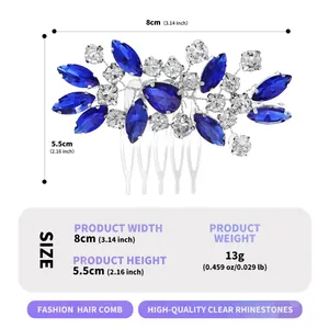 Peigne à cheveux de mariée avec fleurs en strass bleus et dimensions précises