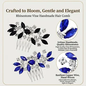 Peigne à cheveux luxe fait main avec fleurs en strass et branches de cristal bleues et noires