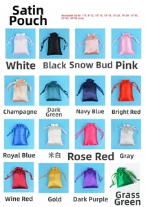 Detailed size chart for satin drawstring pouches in various colors and dimensions