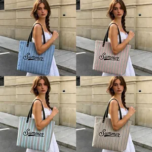 Collage of striped canvas tote bags with leather handles and Summer text in four colors