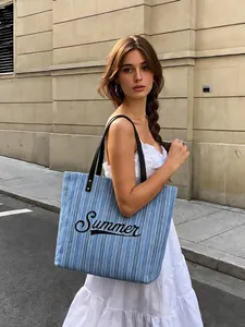 Large blue striped canvas tote bag with Summer print and black leather straps