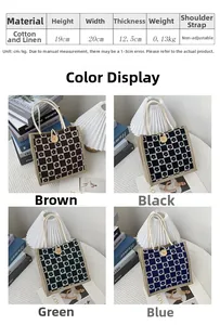 Size chart for cotton linen floral handbag featuring detailed dimensions and colors