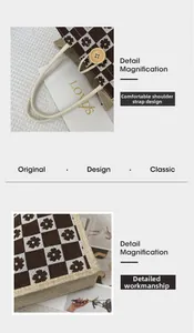 Detailed view of checkered floral tote bag featuring rope handles and wooden button accent