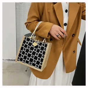 Floral checkerboard canvas mini tote bag with jute trim and white braided handle