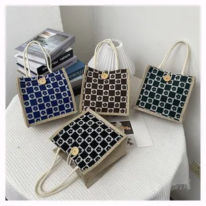 Floral checkerboard canvas mini totes with wooden buttons and cotton rope handles in four colors