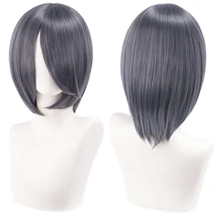 Detail view of a 30cm greyish-blue short bob cosplay wig on a white mannequin
