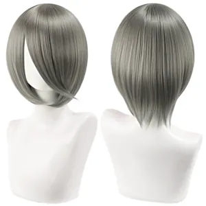 Premium 30cm short silver-grey Bob cosplay wig with stylized face-framing bangs