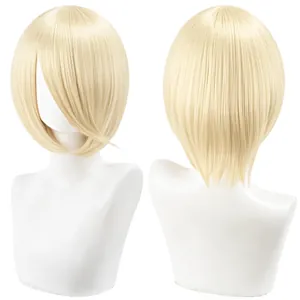 Detailed front and back views of a 30cm short blonde bob cosplay wig on a mannequin head