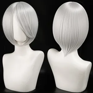 Detailed view of silver white short bob cosplay wig from front and back perspectives