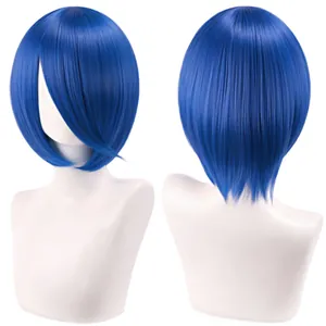 Detailed view of short blue cosplay bob wig with front and back hair styling details
