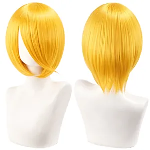 Front and back detail view of 30cm bright yellow cosplay bob wig on mannequin