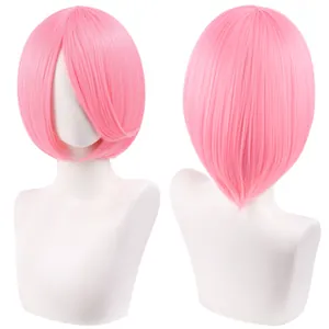 Front and back views of a pink short Bobo cosplay wig displayed on white mannequins