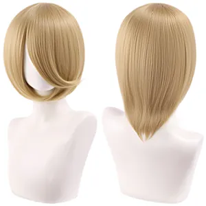 Front and back views of a 30cm short blonde cosplay bob wig on a mannequin head