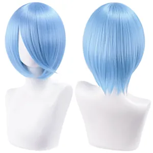 Detail view of a 30cm short light blue bob cosplay wig with face-framing style