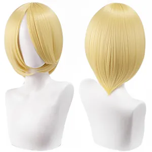 Short 30cm blonde cosplay bob wig with face-slimming style shown from multiple angles